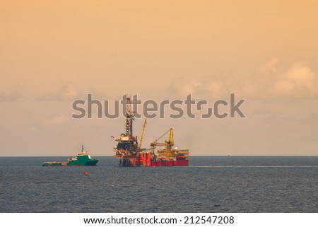 Rig for production oil and gas in offshore, Rig platform working on the platform for drilling and find oil and gas, Heavy industry.