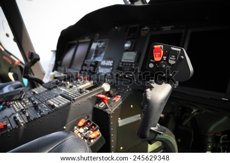 The pilots\' control panel inside a passenger airplane, Control panel of airplane.
