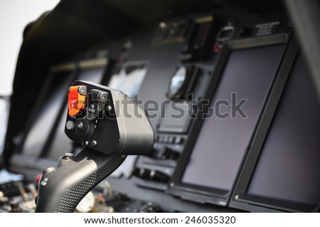 The pilots' control panel inside a passenger airplane, Control panel of airplane.