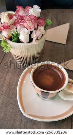 Fresh coffee on wooden table , Coffee set on wooden table