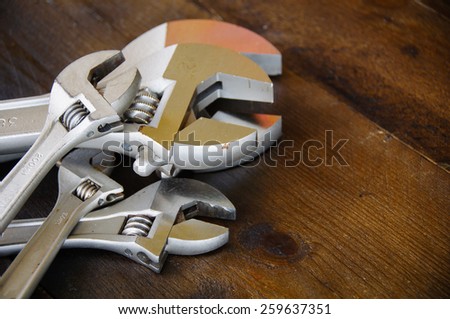 Spanner or adjustable wrench on wooden back ground, Basic hand tools.