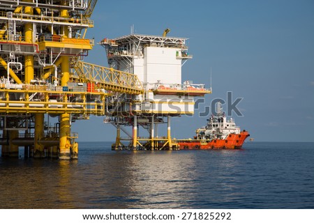 Offshore oil and gas production and exploration business. Production oil and gas plant and main construction platform in the sea. Energy business.