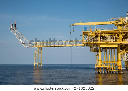 Offshore oil and gas production and exploration business. Production oil and gas plant and main construction platform in the sea. Energy business.