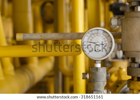 Pressure gauge in oil and gas production process for monitor condition, The gauge for measure in industry job, Industry background and close up gauge.