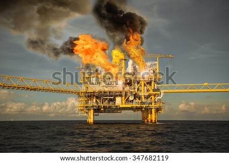 offshore oil and gas fire case or emergency case, firefighter operation to control fire on oil and gas production platform, offshore worst case and can\'t control fire, man overboard.