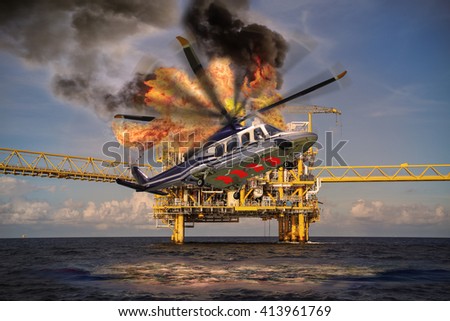 Helicopter crashes into the sea in offshore oil and rig industry, north sea location in offshore industry, rescue of accident in the sea.