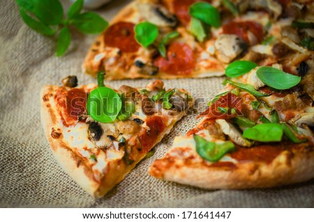 Sliced home made pepperoni pizza on wooden rustic background