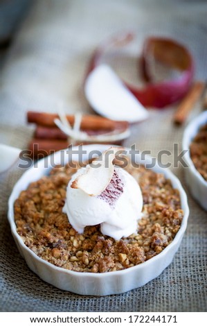 Apple crumble dessert with cinnamon and vanilla ice -cream on wooden background