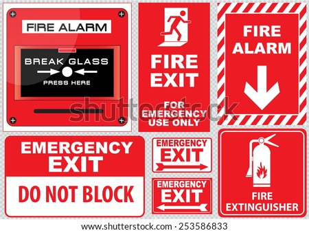 Set of  Fire Alarm (fire alarm, break glass, press here, fire exit, for emergency use only, emergency exit, do not block, fire extinguisher), easy to modify