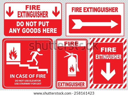 Set Of Fire Alarm (fire exit, emergency exit only, do not put any goods here, fire extinguisher, do not use elevator, use stairway, in case of fire). easy to modify.