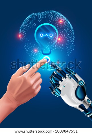 Human hand touches robot hand. Illustration about modern Innovation in industry. Global automation, ai in business. Friendship of artificial intelligence and man. New ideas in optimization business.