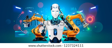 Industry 4.0 concept banner. Robot with AI control production line on smart factory. Cybernetic Artificial intelligence automates the production process and communications with robotics arms.