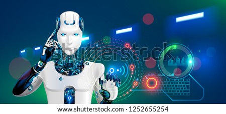 Robot works at factory. Humanoid cyborg or android with ai taps the button on the virtual HUD graphic interface. Concept of the automation production technology in Future. 4 industry revolution.