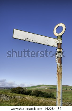 A wide angledview of a UK public footpath directional signpost with the unspoilt and quintessential English countryside of Weardale, County Durham, in the background. Blank space for caption.