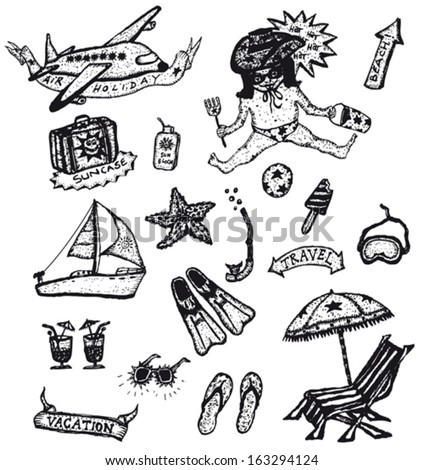 Doodle Holidays And Vacations Set/ Illustration of a set of doodle styled holidays, leisure, recreation and vacations
