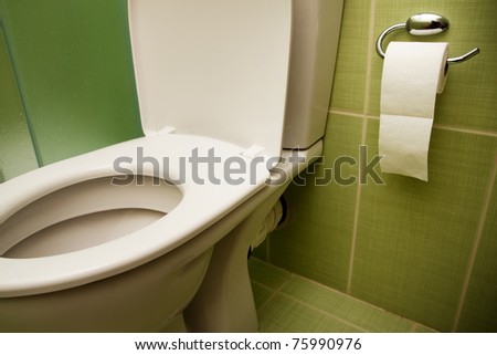 Toilet seat and paper in nice clean bathroom