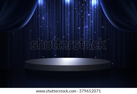 Blue and black curtain and round stage in the dark with spotlight, glittering and sparkling stars