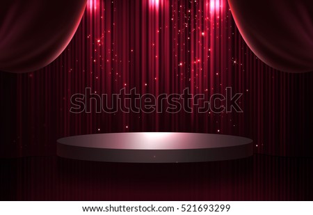 Red and black curtain and round stage in the dark with spotlight, glittering and sparkling stars