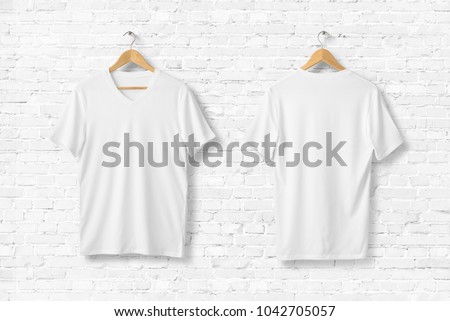 Blank White V-Neck T-Shirts Mock-up hanging on white wall. Front and rear side view. Ready to replace your design. 3D rendering.