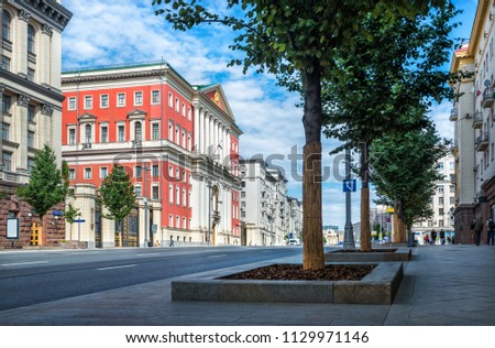 The building of the Moscow Mayor\'s Office on Tverskaya Street in the early sunny morning