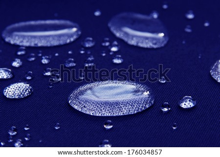 Water droplets on  blue fiber waterproof fabric  and background
