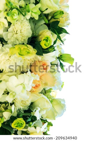 Bouquet of white and orange roses with carnation flower on white background