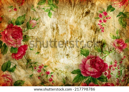 Texture of the yellow polished concrete wall with scratches and pattern rose fabric for grunge background, Closeup of retro rose fabric for grunge background.