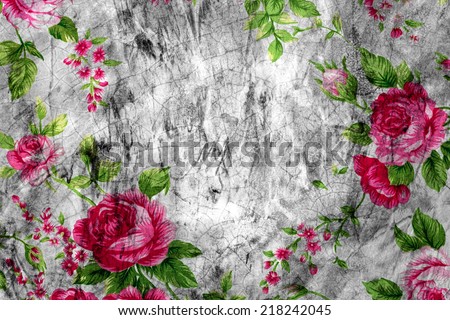 Texture of the gray polished concrete wall with scratches and pattern rose fabric for grunge background, Closeup of retro rose fabric for grunge background.