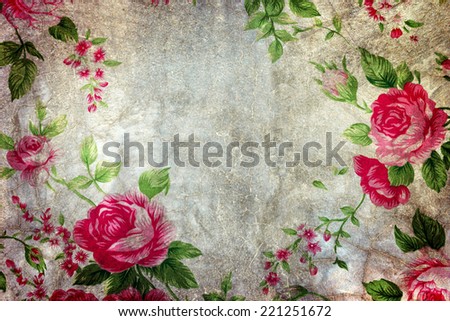 Texture of the gray polished concrete wall with scratches and pattern rose fabric for grunge background