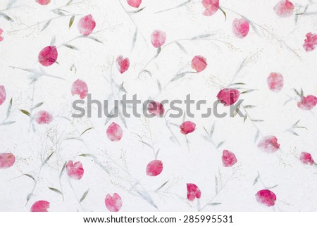 White Sa Paper with roses petals and flowers of grass  background, Sa Paper is hand made paper from parish Bosang province Chiang Mai north of Thailand, Mulberry paper texture background