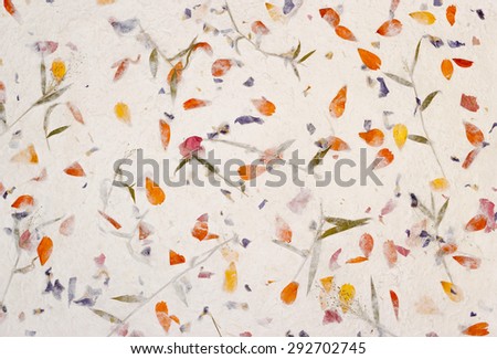 Mulberry paper texture background, White Sa Paper with sulfur Ccosmos petals and flowers of grass background, Sa Paper is hand made paper from parish Bosang province Chiang Mai north of Thailand,