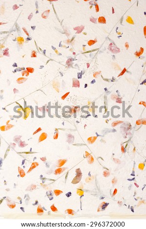 Mulberry paper texture background, White Sa Paper with sulfur Ccosmos petals and flowers of grass background, Sa Paper is hand made paper from parish Bosang province Chiang Mai north of Thailand,