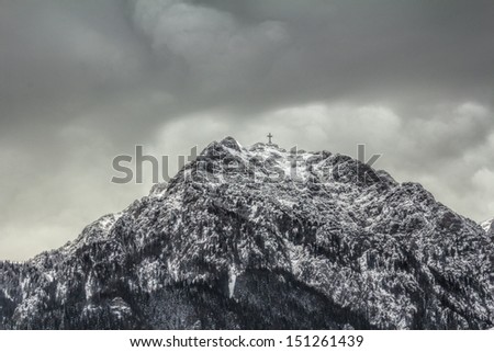 Cross mountain peak in the Carpathian mountains (black and white)