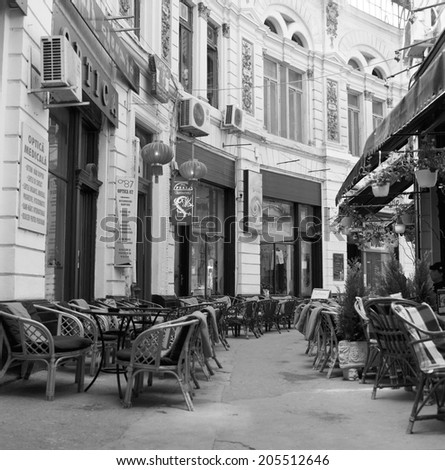 BUCHAREST, ROMANIA - 15th of June 2013: Valley of the Kings-Egyptian Cafes one of the most famous Arab shops in the old center of Bucharest on 15th of June 2013 in BUCHAREST, ROMANIA (black and white)