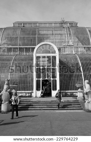 LONDON, ENGLAND - 5th of May 2014: Entrance to the Palm House in the Royal Botanical Garden (Kew Garden) on 5th of May 2014 in LONDON, ENGLAND (black and white)