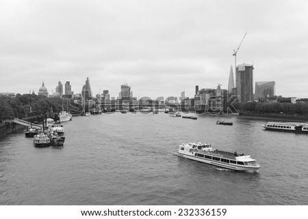 LONDON, GREAT BRITAIN - 18th of January 2014: View from one of the bridges - London aerial photo on 18th of January 2014 in LONDON, GREAT BRITAIN (black and white)