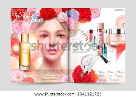 Beauty makeup magazine, attractive woman with roses headwear and recommended products listed in the page, in 3d illustration