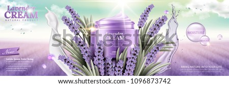 Lavender cream with flowers and splashing liquids leaves on purple field background in 3d illustration