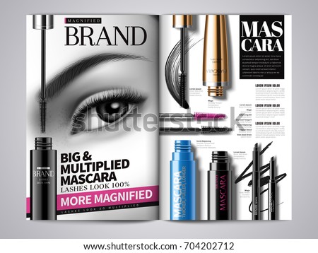 Fashion makeup magazine template, mascara product series report in magazine or catalog in 3d illustration, different product mockup design