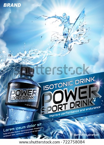 Sport drink ads, energetic athlete surfing in the air with splashing waves in 3d illustration