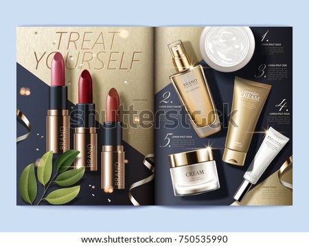 Cosmetic magazine template, top view of makeup and skincare products on geometric background, 3d illustration
