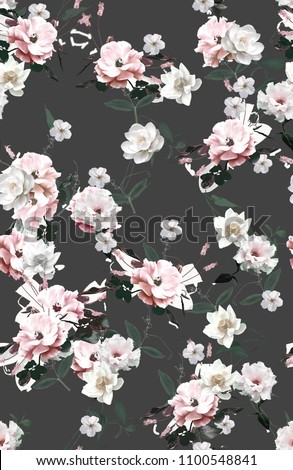 Seamless pattern with spring pink flowers and leaves. Hand drawn background. floral pattern for wallpaper or fabric. Flower rose. Botanic Tile
