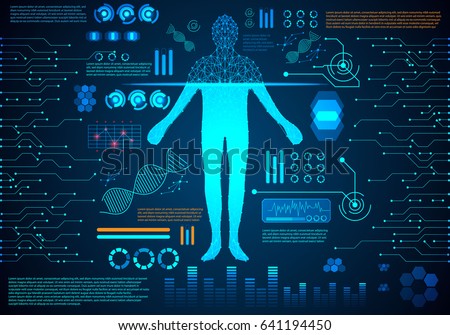 abstract technology concept human body digital health care ; hud interface of health analysis and scan body to verify identity future design on hi tech background