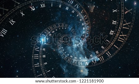 The composition of the space of time, the flight in space in a spiral of Roman clocks 3d illustration
