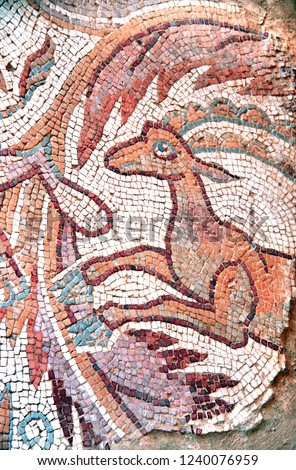 Ancient byzantine natural stone tile mosaics with running antelope and floral ornament, Madaba, Jordan, Middle East