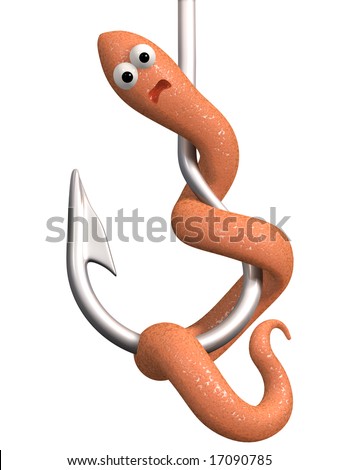 fishing hook cartoon. worm on a fishing hook.