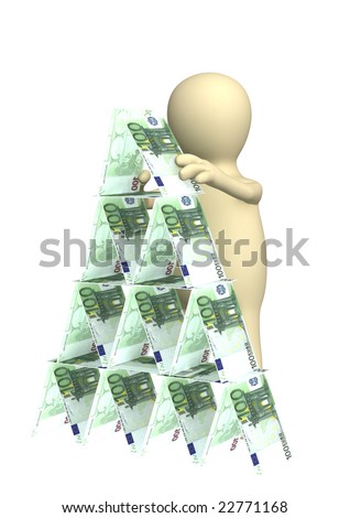 3d puppet, making a pyramid from money. Objects over white