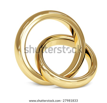 stock photo Two 3d gold wedding ring Objects over white