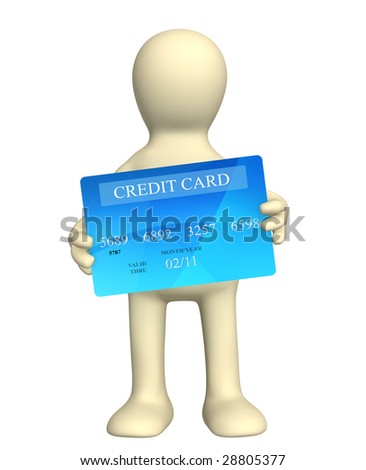 3d puppet holding a new credit card