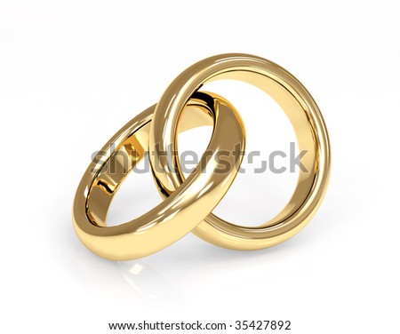 stock photo Two 3d gold wedding ring Objects over white